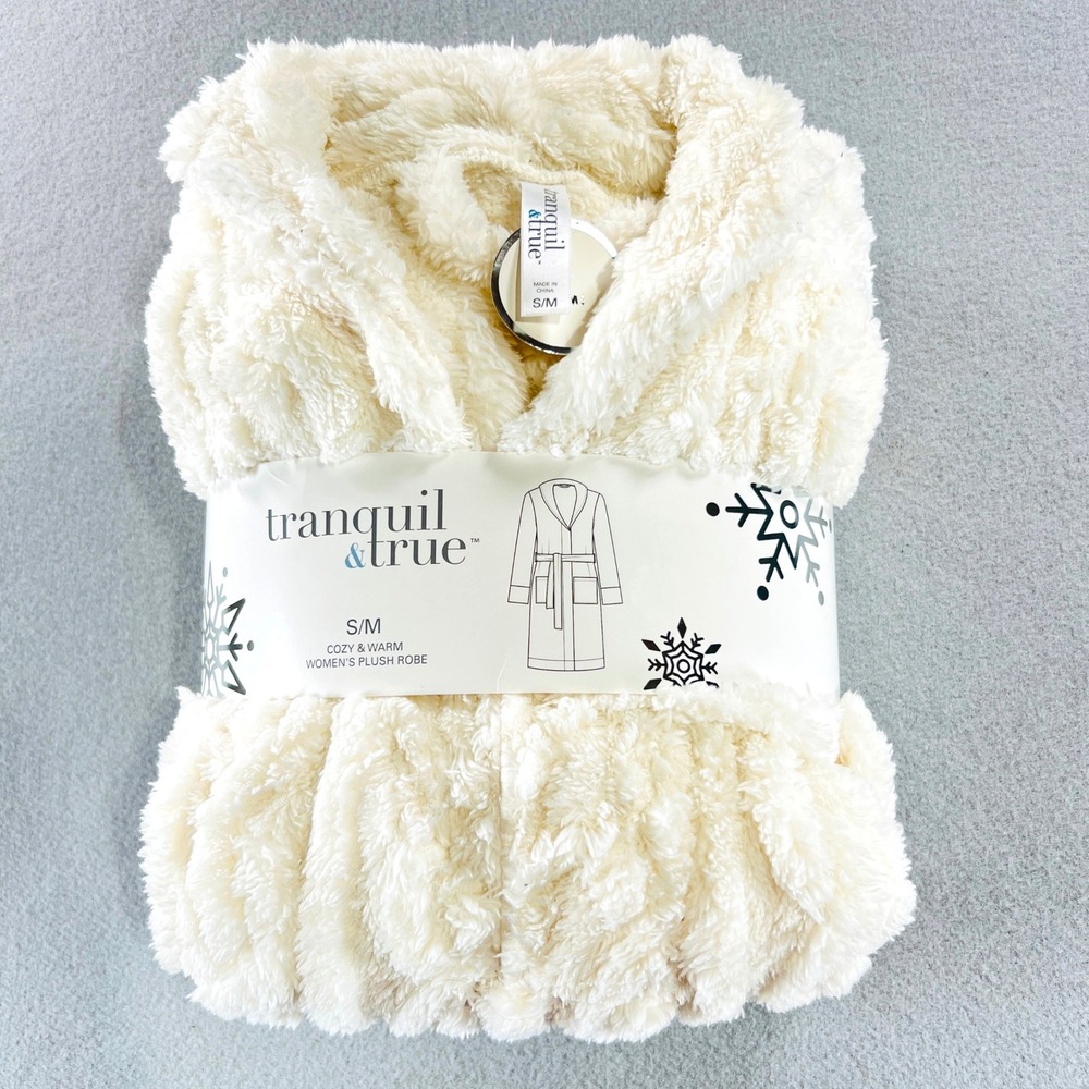Tranquil & True Plush Robe Womens S/M Cream White Cozy Fleece Loungewear NWT